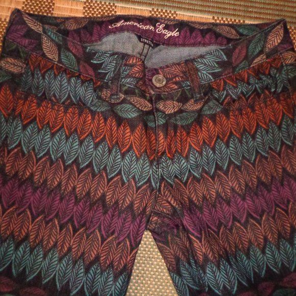 American Eagle Outfitters Stretch Jeggings 4 Leaf/Feather Multicolored Zip Leg - Picture 11 of 16